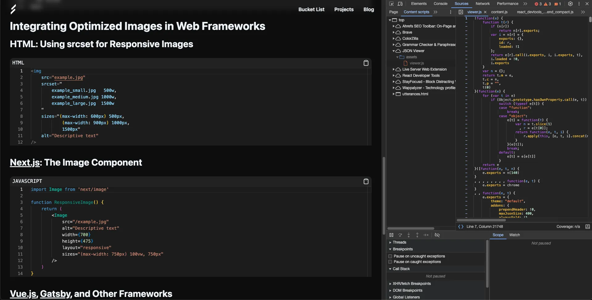 JavaScript console screen